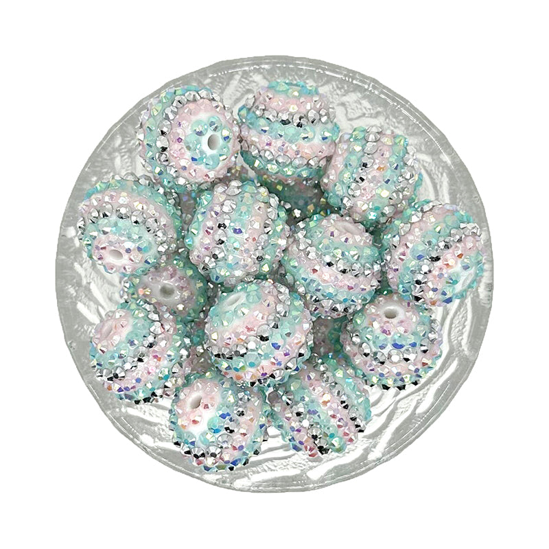 20mm Light Pink Blue Striped Rhinestone Bubblegum Acrylic Beads