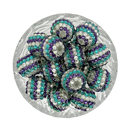 20mm Green Purple Striped Rhinestone Bubblegum Acrylic Beads