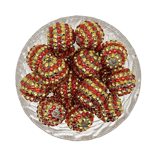 20mm Red Gold Striped Rhinestone Bubblegum Acrylic Beads