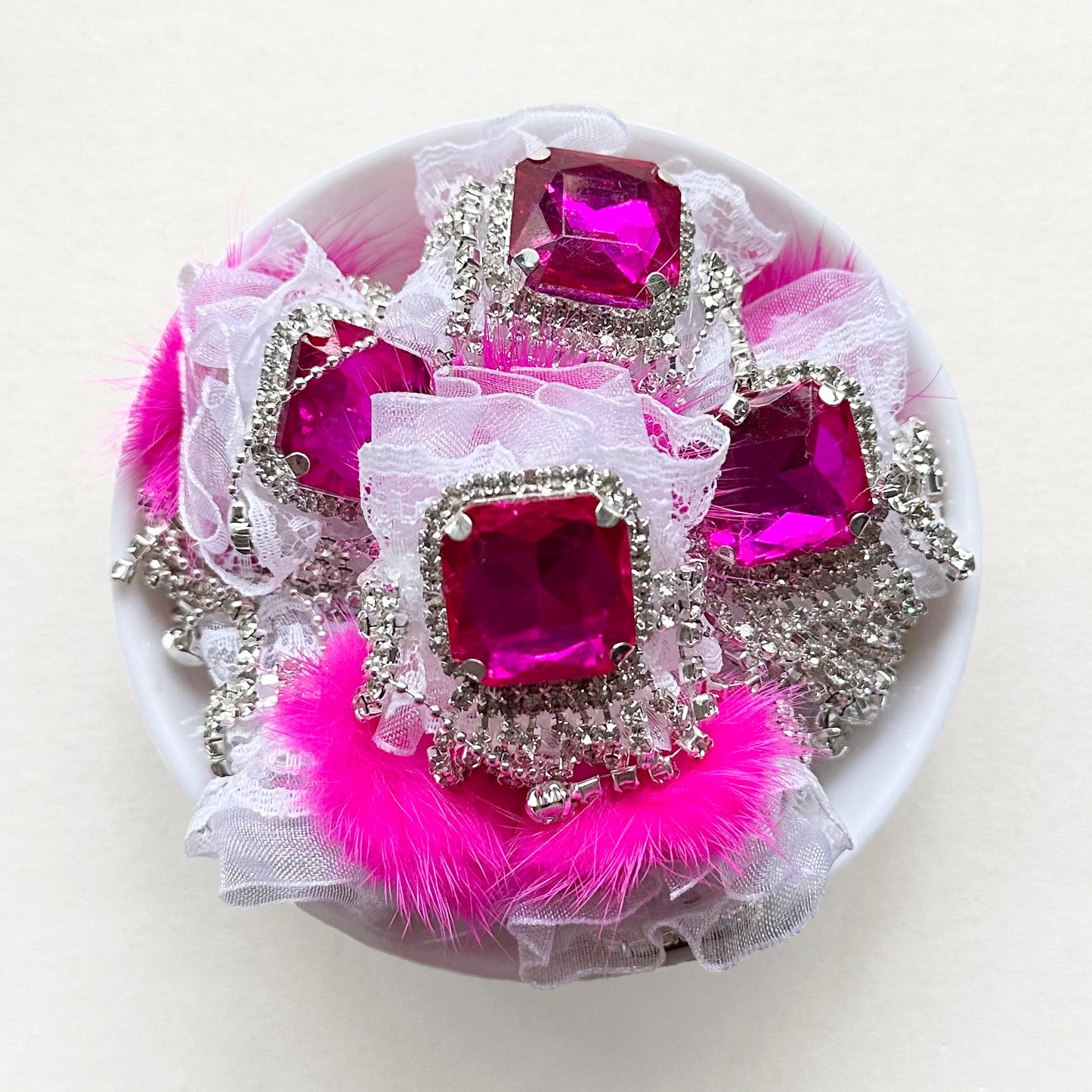 Square Gem Pompom Beads, Fancy Fluffy Lace Rhinestone Tassels Beads