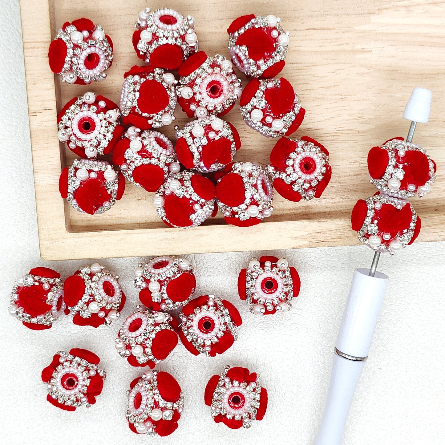 Red Flocked Heart Swan Rhinestone Crystal Beads,Acrylic Beads