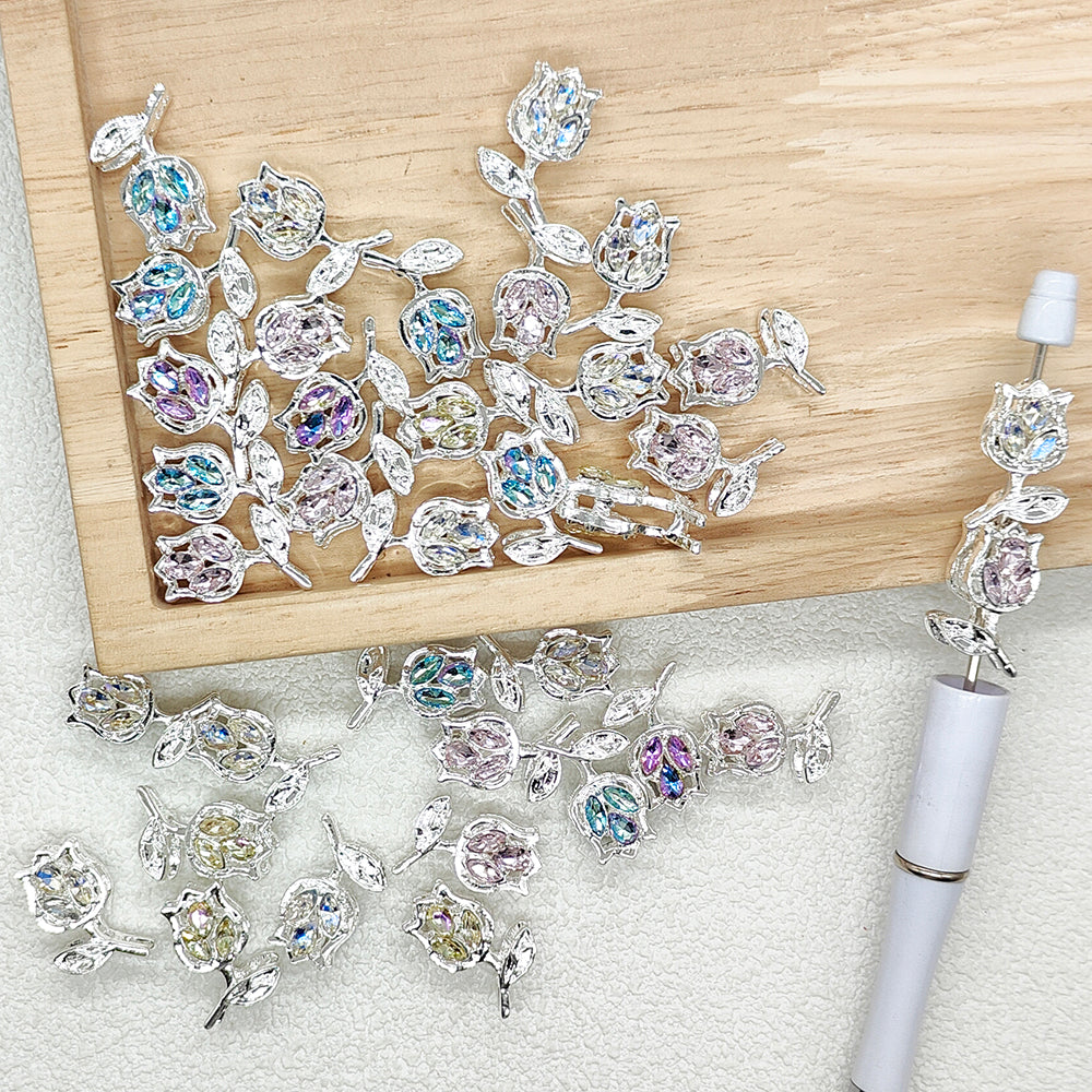 Rose Flower Metal Beads,Floral Rhinestone Fancy Beads