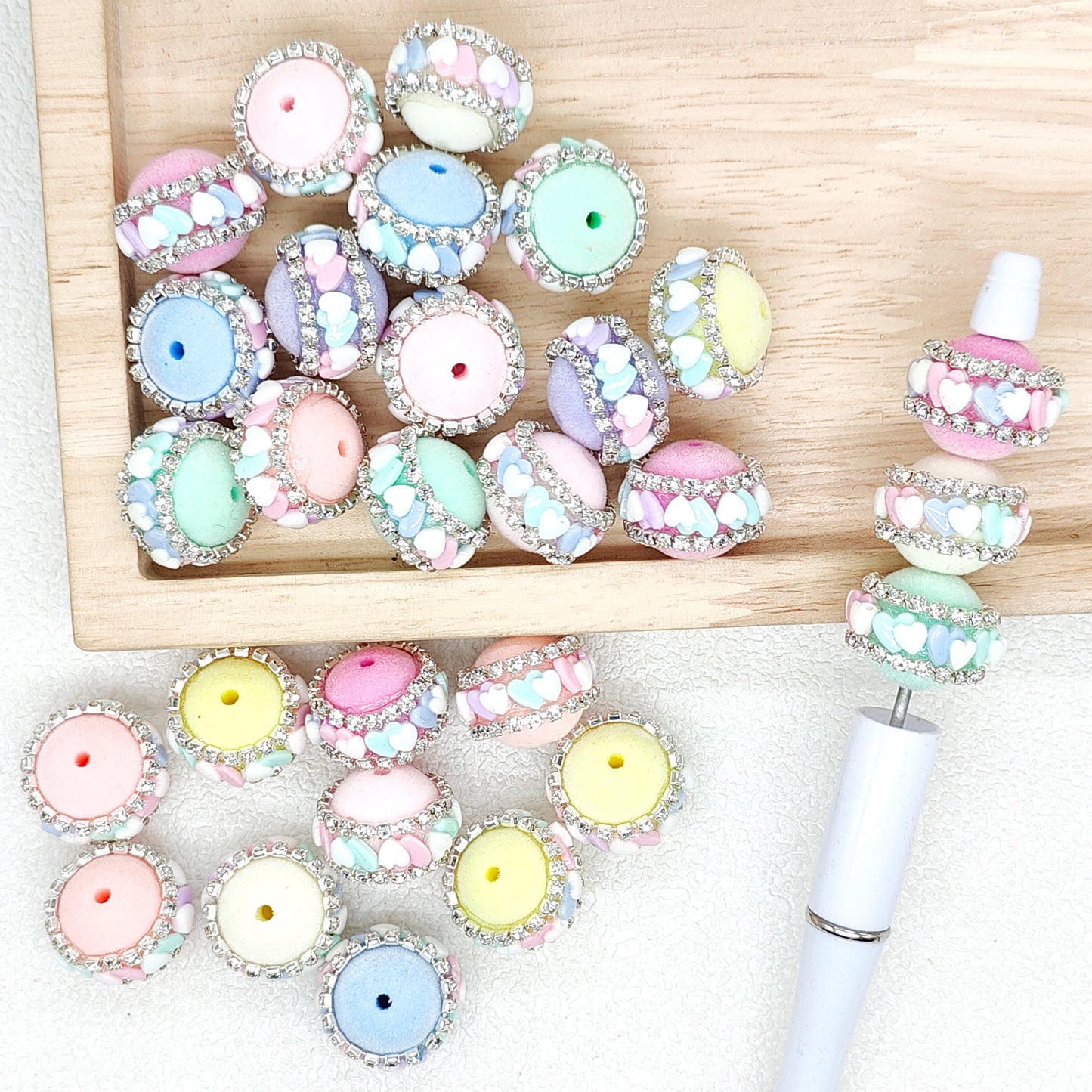 Round Fancy Heart Rhinestone Flocked Acrylic Beads