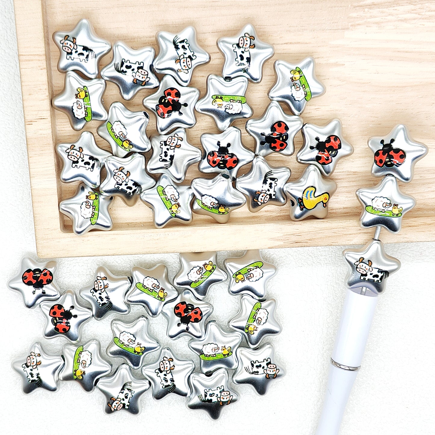 Silver Star Shape Print Acrylic Beads,Loose Bead