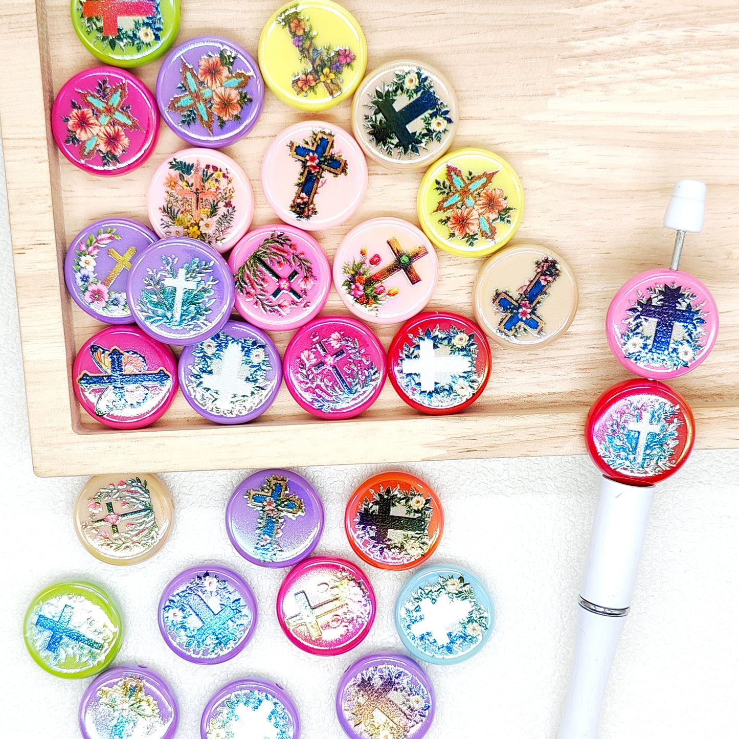 UV Cross Christian Floral Print Acrylic Flat Round Beads