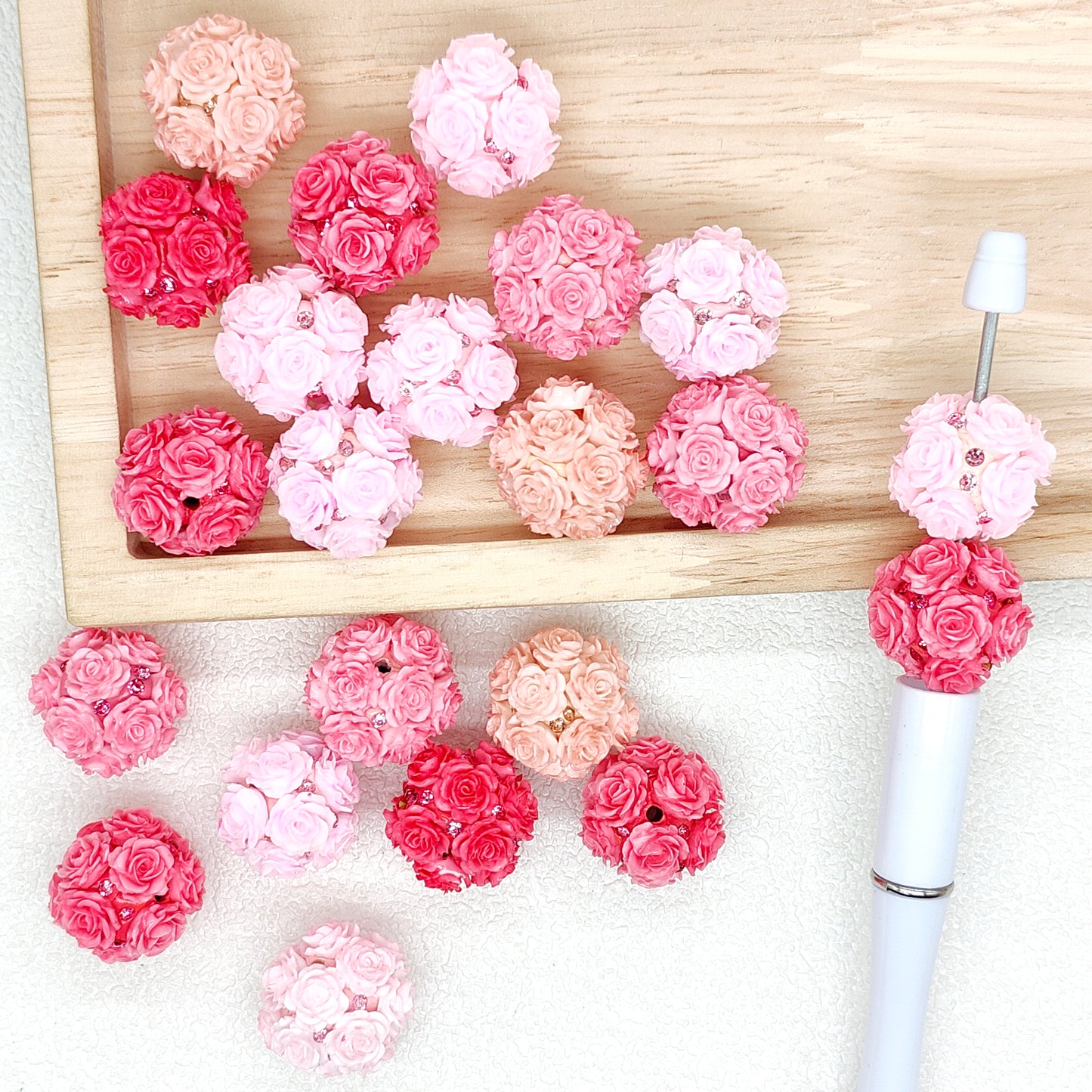 Valentines Day Pink Rose Beads,Floral Clay Fancy Beads,Flower Ball