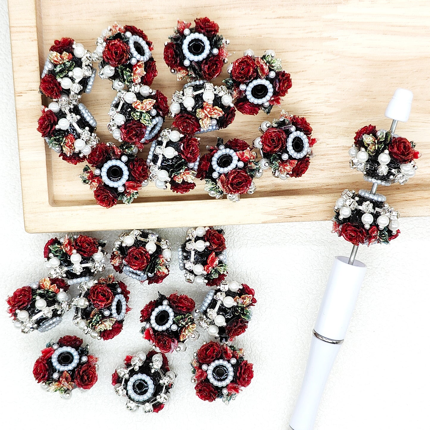 Vintage Floral Beads,Rose Pearl Rhinestone Acrylic Beads