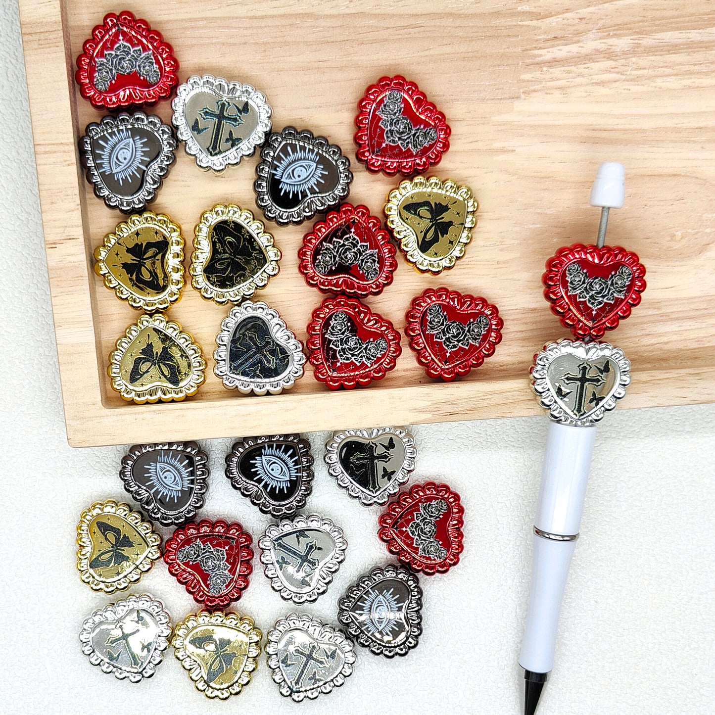 Vintage Heart Beads,Metallic Cross Butterfly Floral Print Heart Acrylic Beads