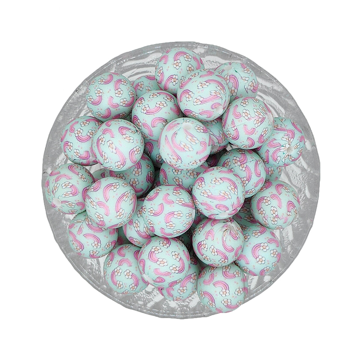 15mm Rainbow Flower Print Round Silicone Beads