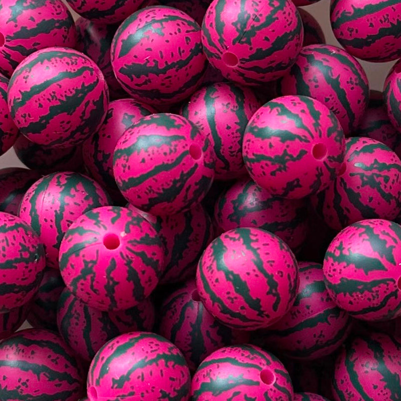 15mm Rose Watermelon Print Round Silicone Beads