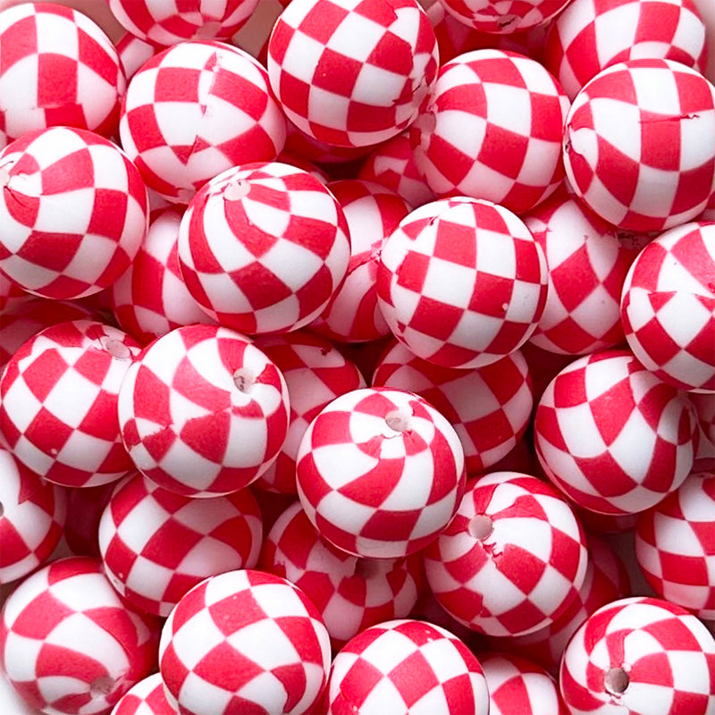 15mm Red Checked Print Round Silicone Beads