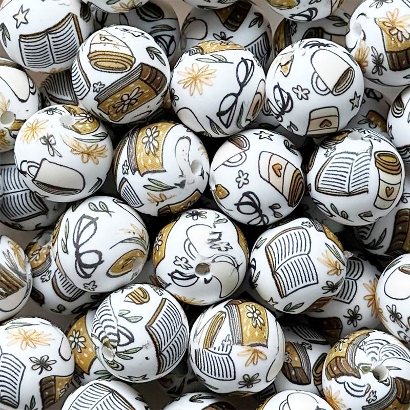 15mm Book Vibe Print Round Silicone Beads