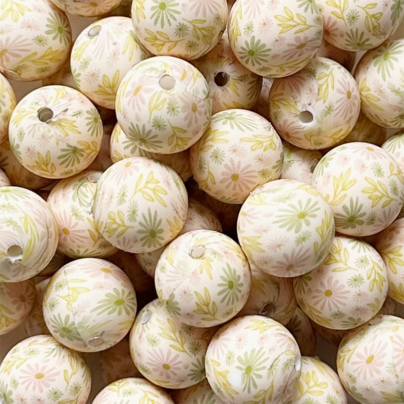 15mm Retro Flower Print Round Silicone Beads