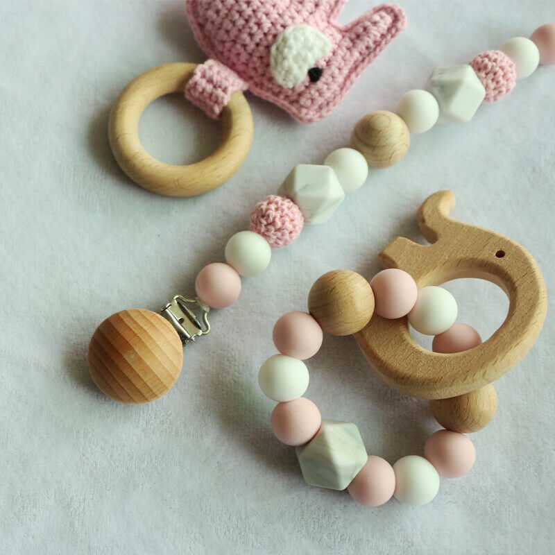 Pacifier Clip Crochet Elephant Rattle Toy Set - Pink