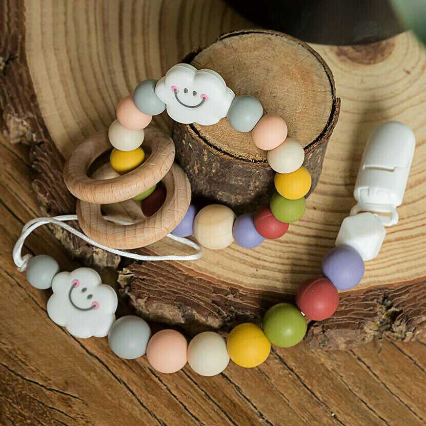 Baby Teething Silicone Beads Wood Ring Teether Pacifier Clip