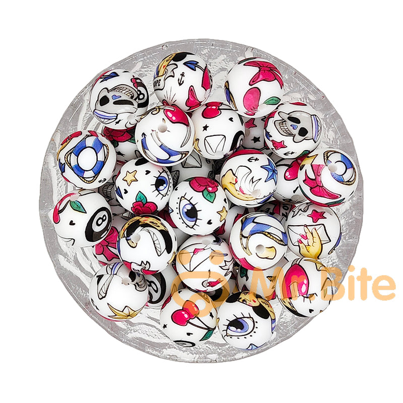 15mm Cartoon Print Silicone Beads - Round