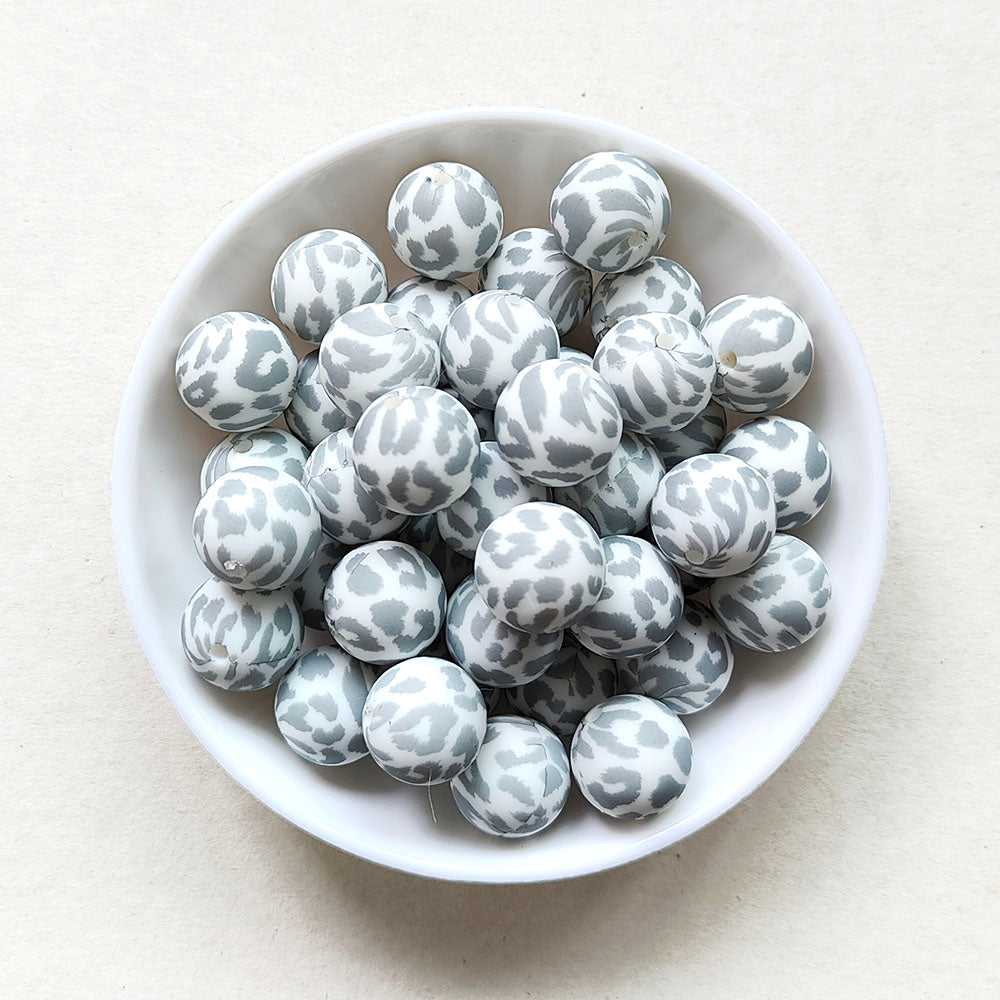 12/15mm Grey Leopard Print Silicone Beads - Round - #110