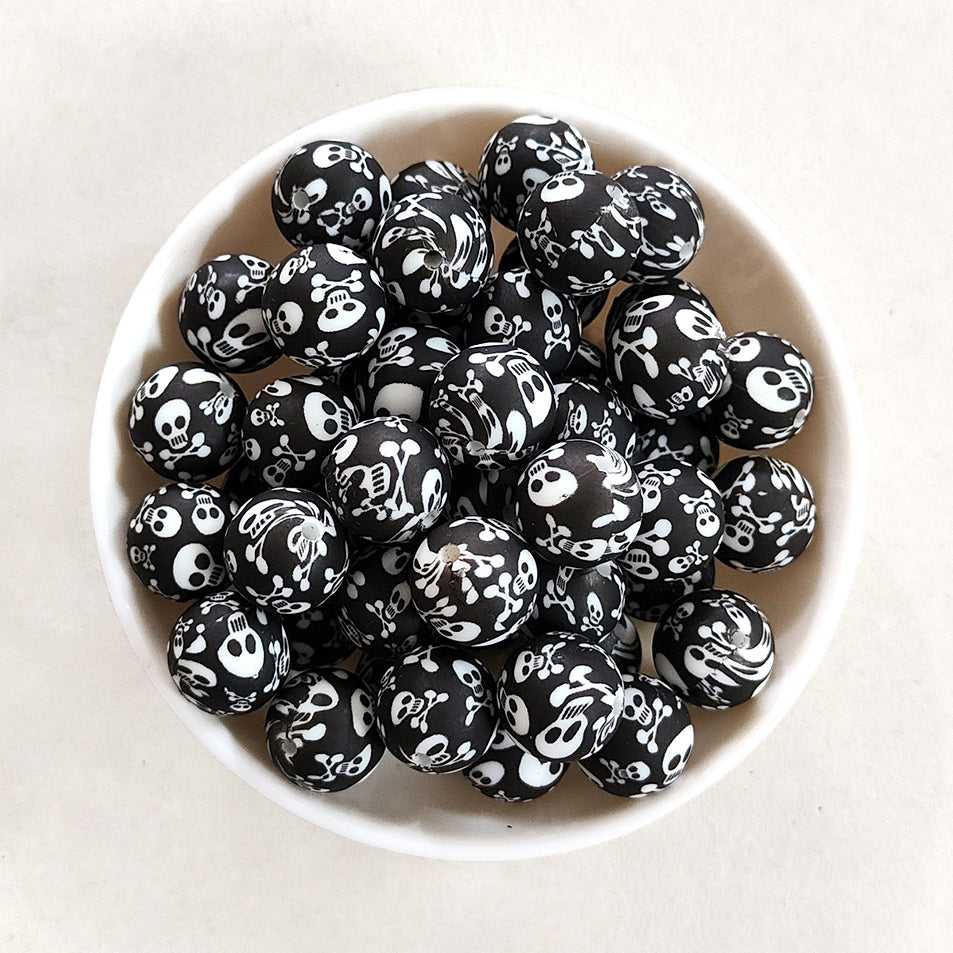 12/15mm Skull Print Silicone Beads - Round - #14
