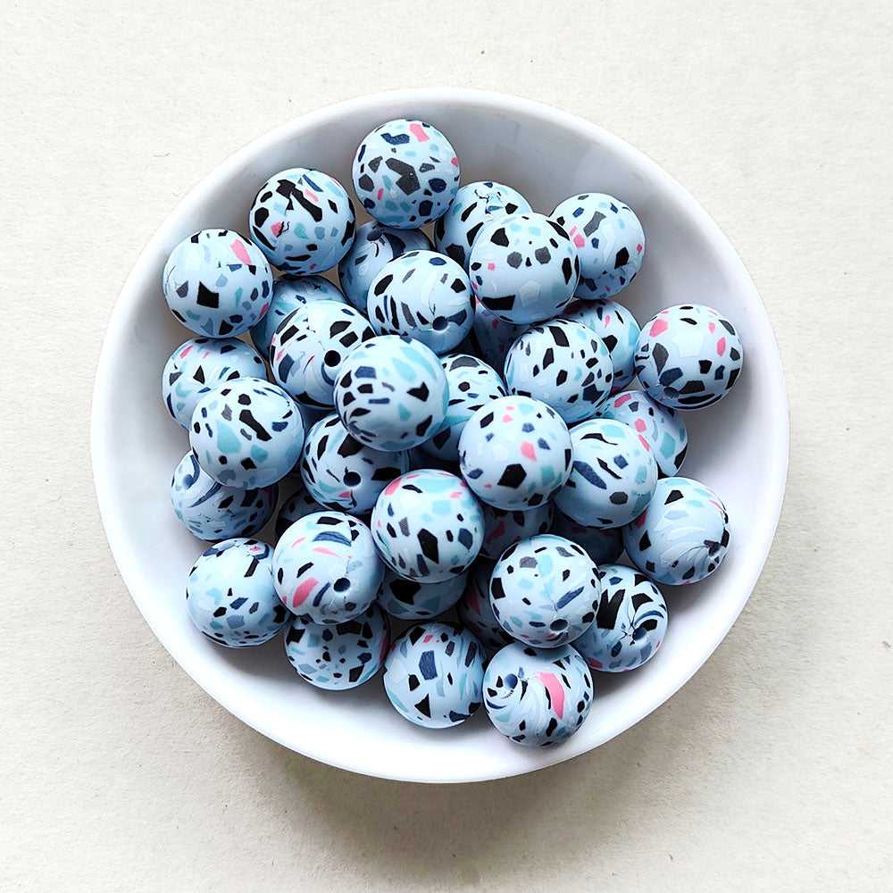 12/15mm Blue Terrazzo Silicone Beads - Round - #22