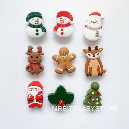 9Pcs Assoted Silicone Christmas Beads,Santa Snowman Reindeer Tree Gingerbread Man Focal Beads