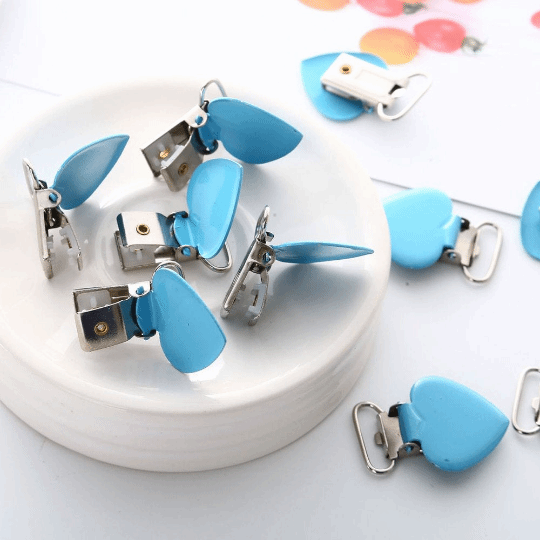 Blue Metal Love Heart Pacifier Clips