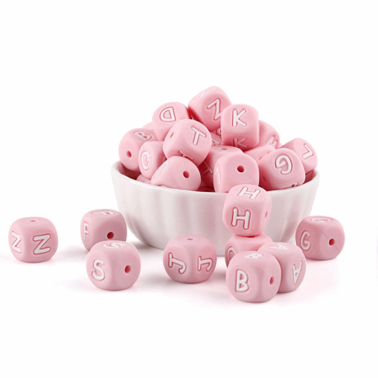 Food Grade Silicone Beads /Pink Alphabet Cube 26 Letters /Square