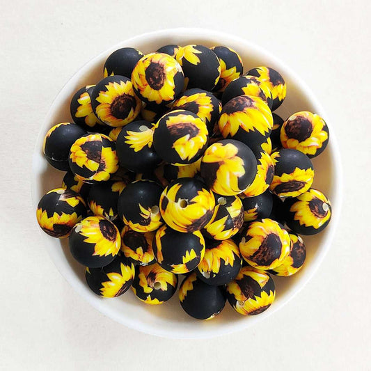 12/15mm Sunflower Print Silicone Beads - Round - #41