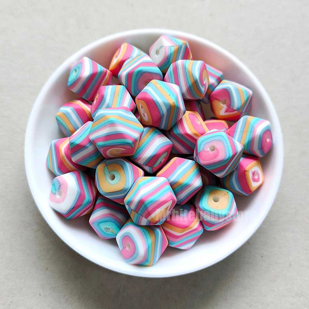 14mm Rainbow Stripe Silicone Beads - Hexagon - #65
