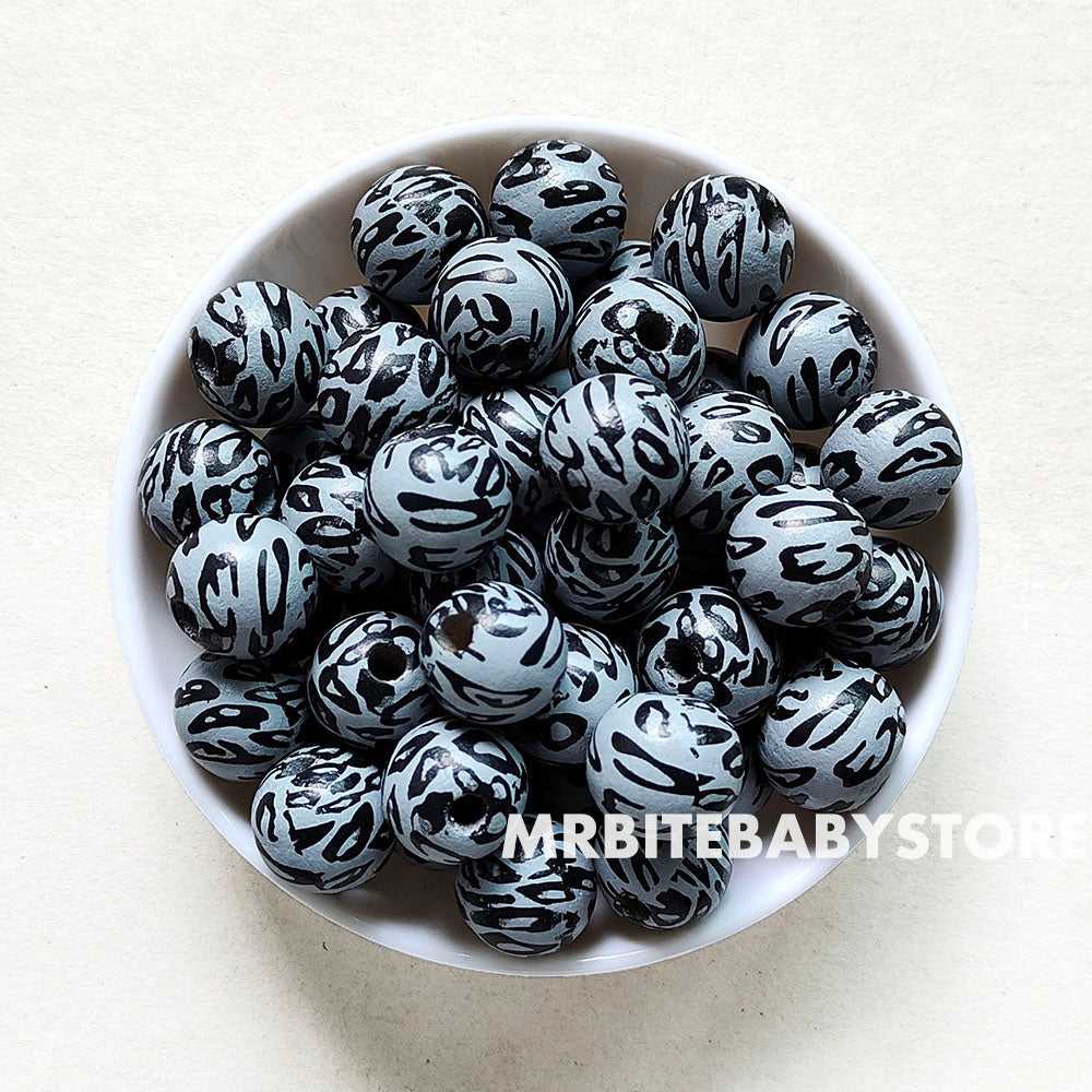 16mm Round Grey Leopard Wood Beads