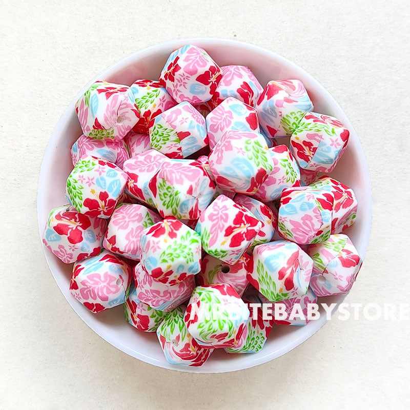 14mm Red Flower Silicone Beads - Hexagon - #40