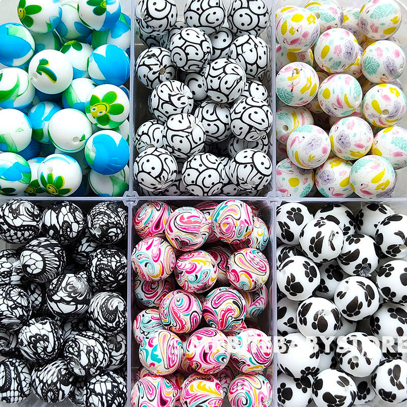 12/15mm Print Silicone Beads, #25 - #48