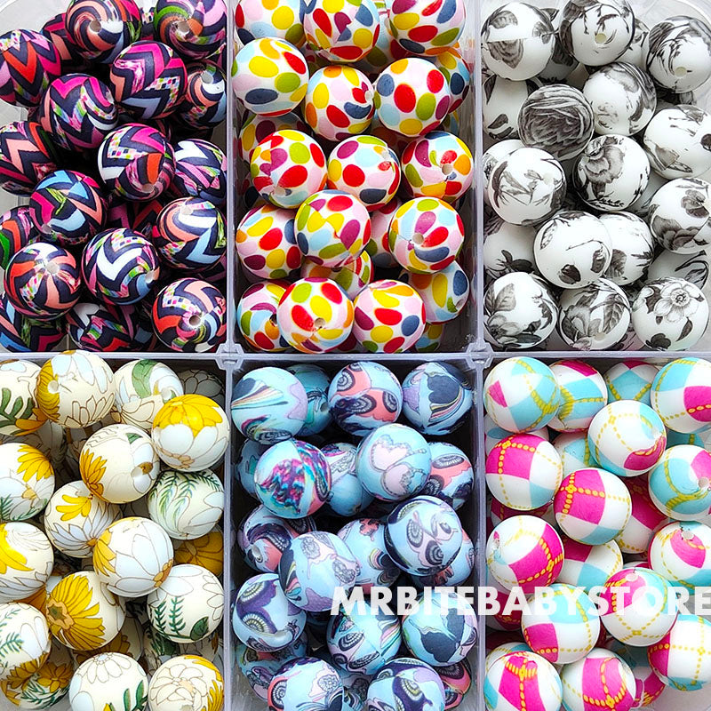 12/15mm Print Silicone Beads, #49 - #77
