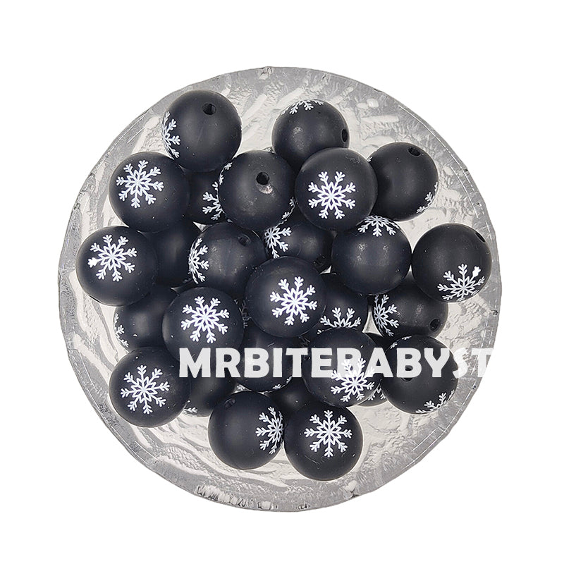 15mm Christmas Black Snowflake Silicone Beads - Round
