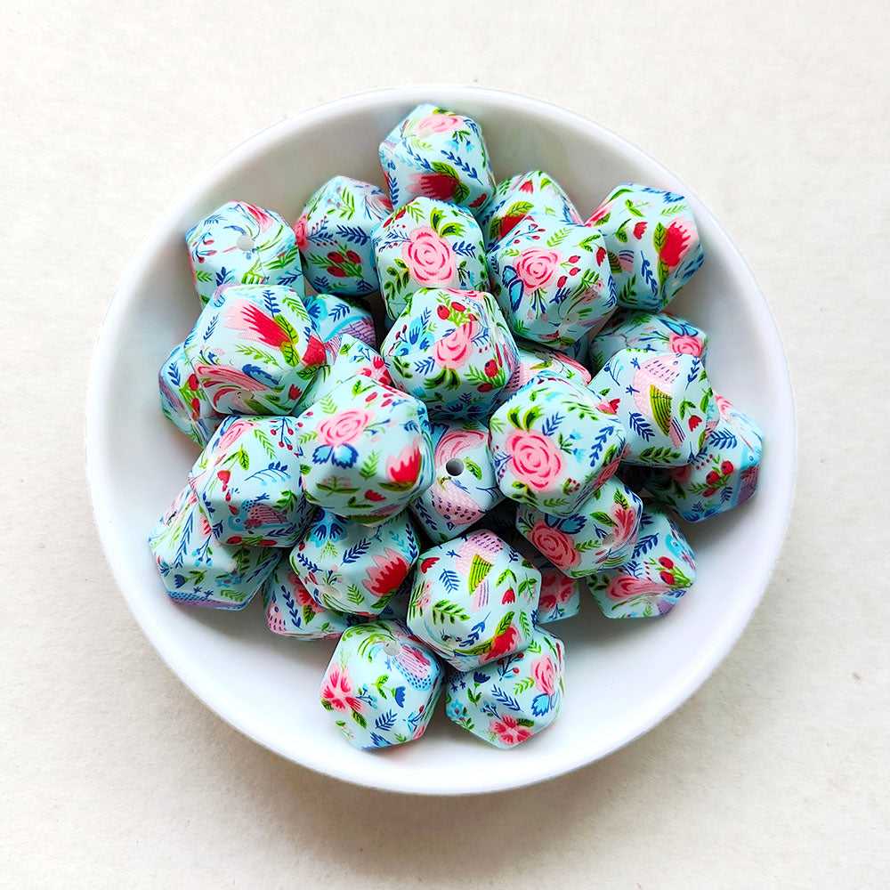 14mm Blooming Flowers Silicone Beads - Hexagon - #116