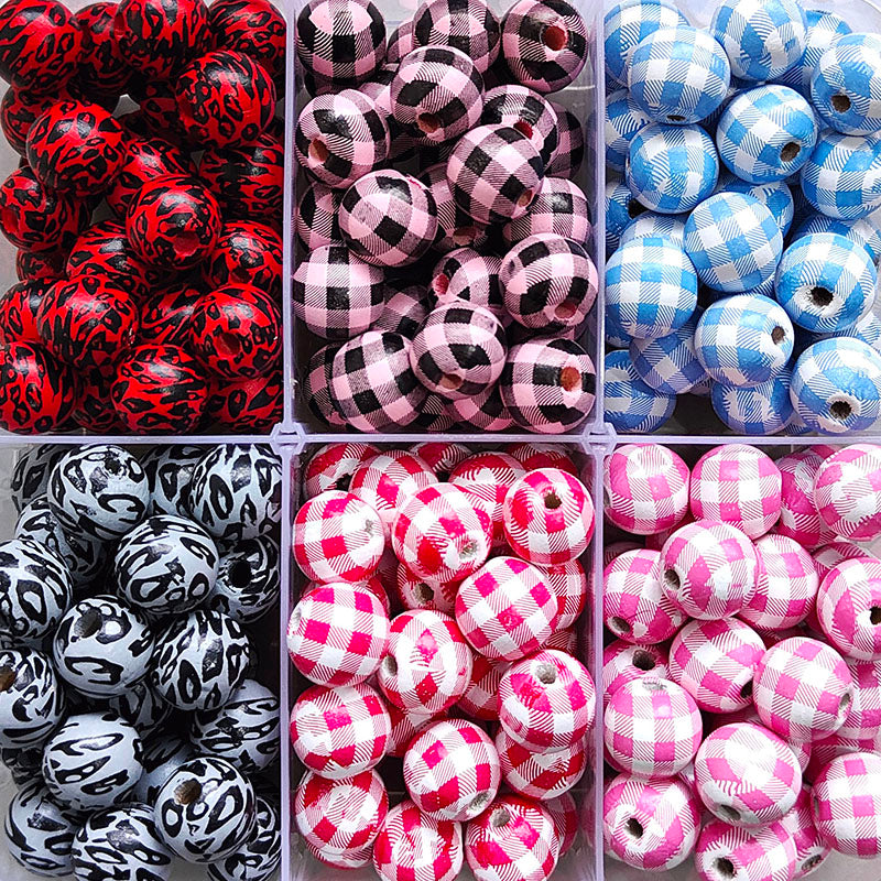16mm Round Plaid Wood Beads