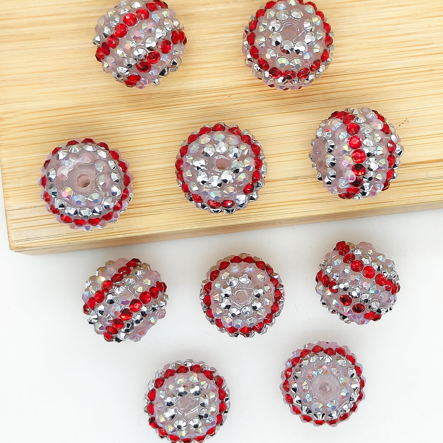 20mm Red Silver Striped Rhinestone Bubblegum Acrylic Beads