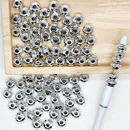 14mm Metallic Faceted Silver Large Hole Abacus Acrylic Loose Beads