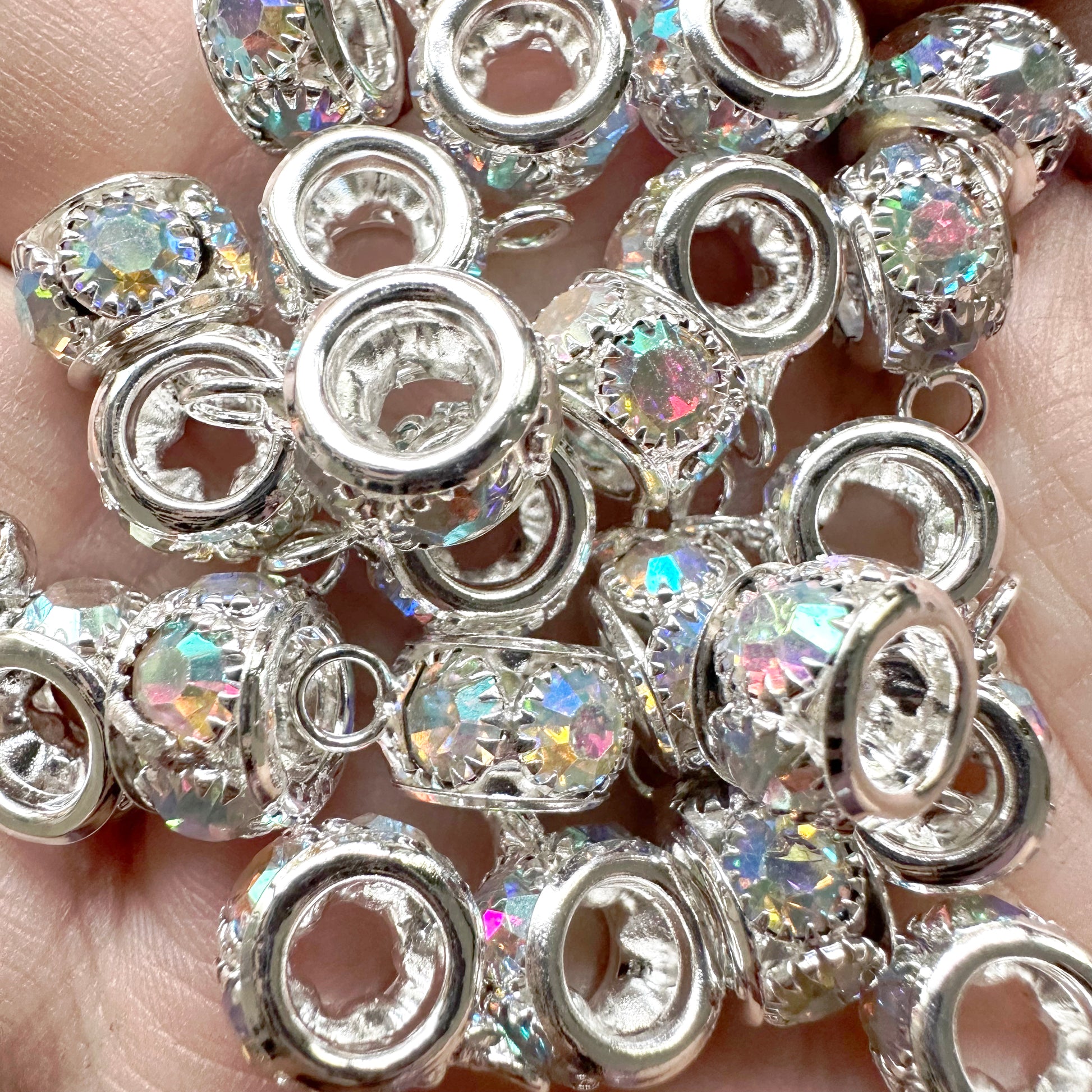 10mm 50Pcs/Lot Silver AB Spacer Metal Bail Beads,Rhinestone Spacer
