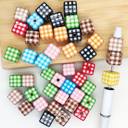 14mm Plaid Square Acrylic Beads,Assorted Colors Beads