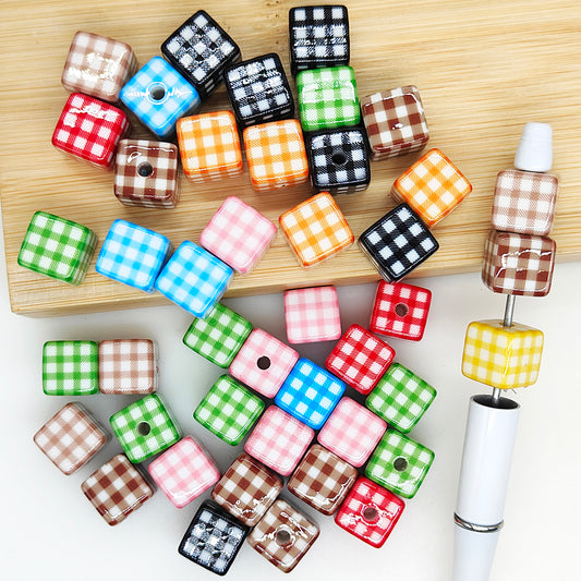 14mm Plaid Square Acrylic Beads,Assorted Colors Beads