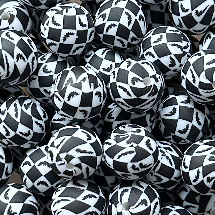 15mm Bat Checked Print Round Silicone Beads