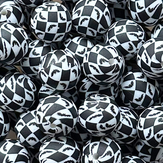 15mm Bat Checked Print Round Silicone Beads