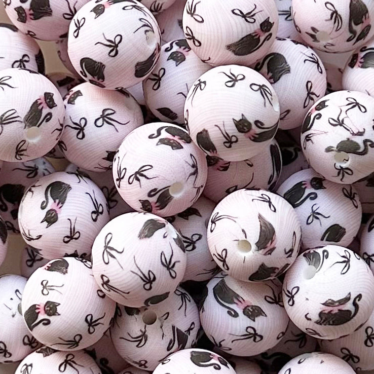 15mm Black Cat Bowknot Print Round Silicone Beads