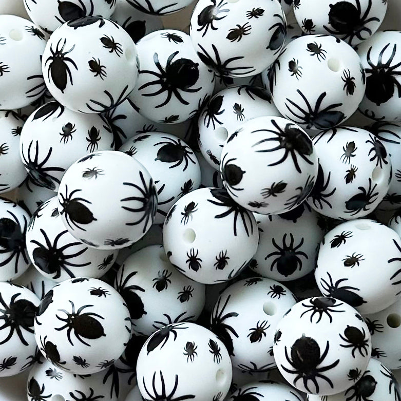 15mm Black Spider Print Round Silicone Beads