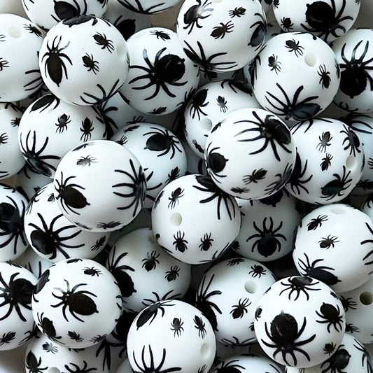 15mm Black Spider Print Round Silicone Beads