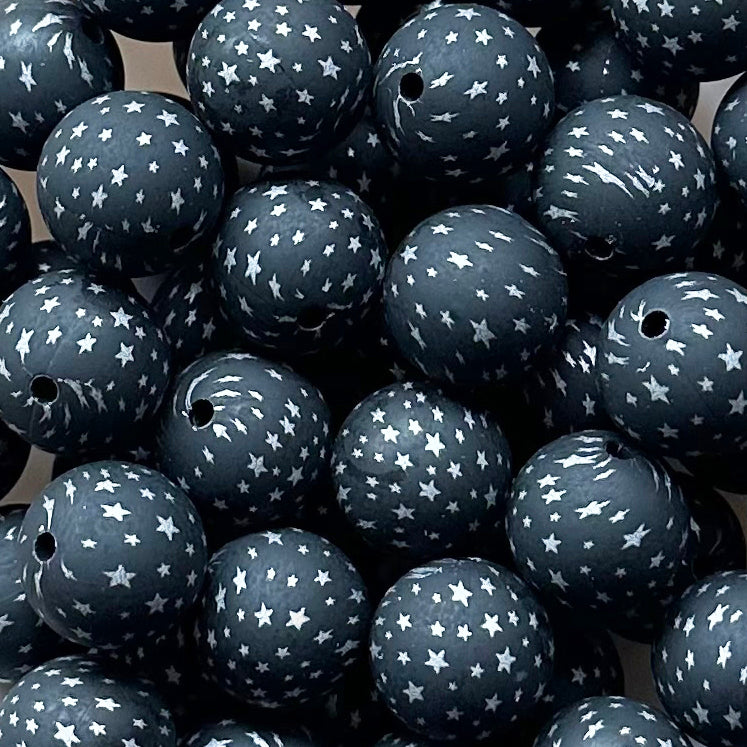 15mm Black Starry Print Round Silicone Beads