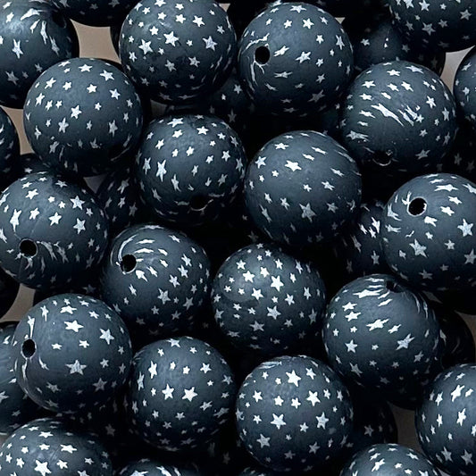 15mm Black Starry Print Round Silicone Beads