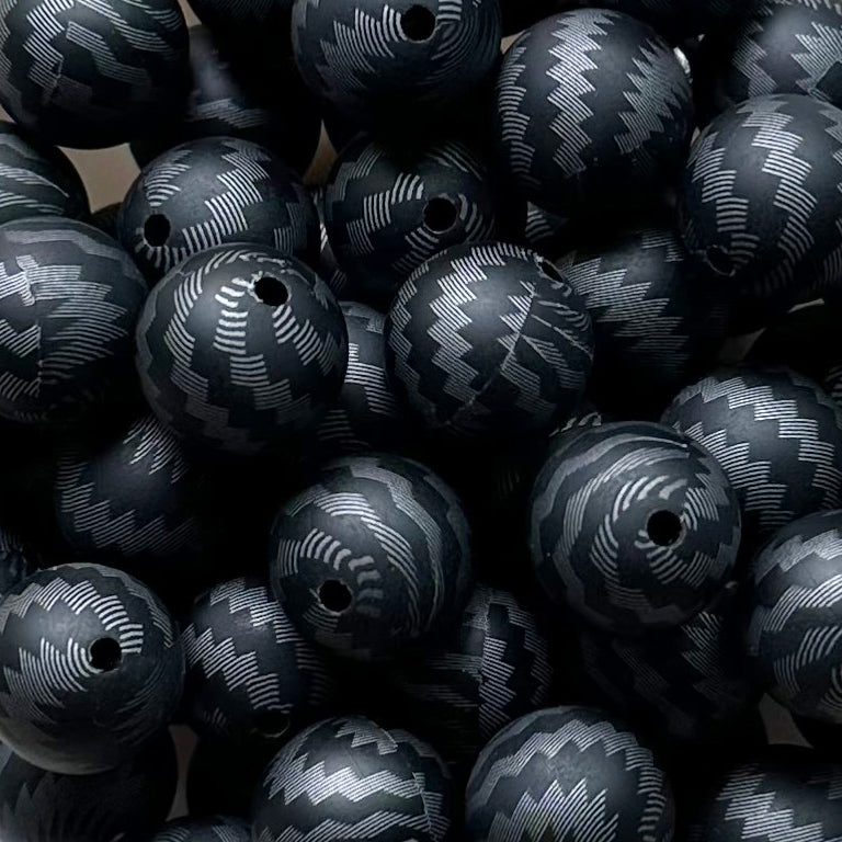 15mm Black Wave Print Round Silicone Beads