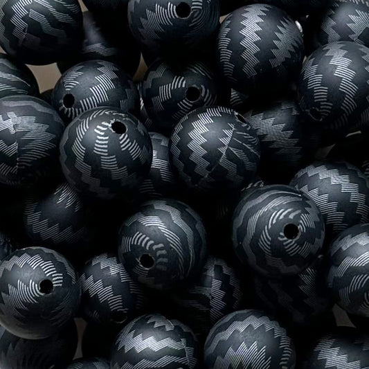 15mm Black Wave Print Round Silicone Beads