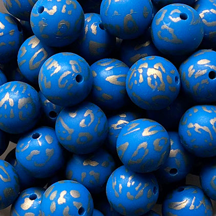 15mm Blue Leopard Print Silicone Beads - Round